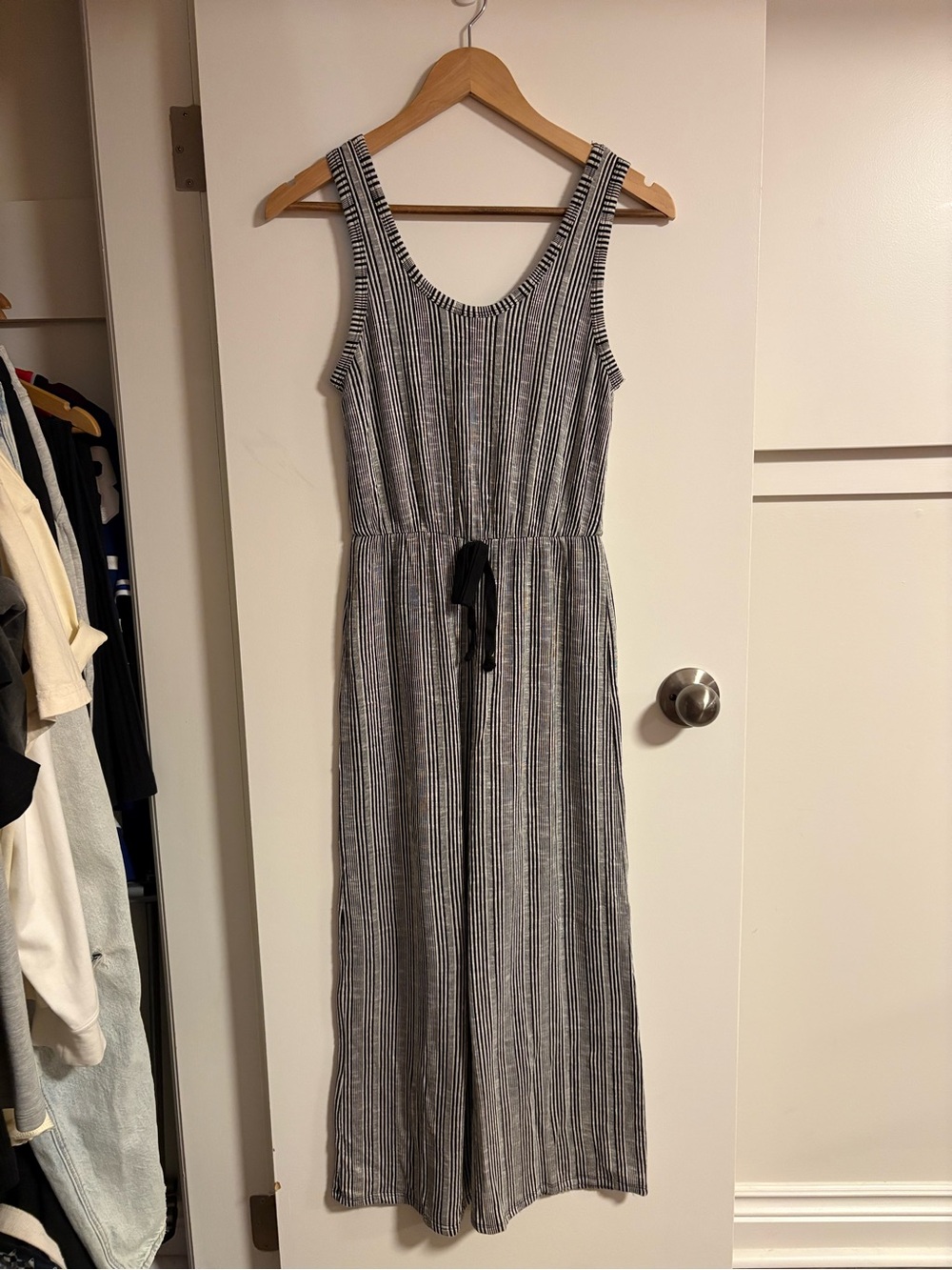Striped Sleeveless Jumpsuit with Waist Tie - Black & White